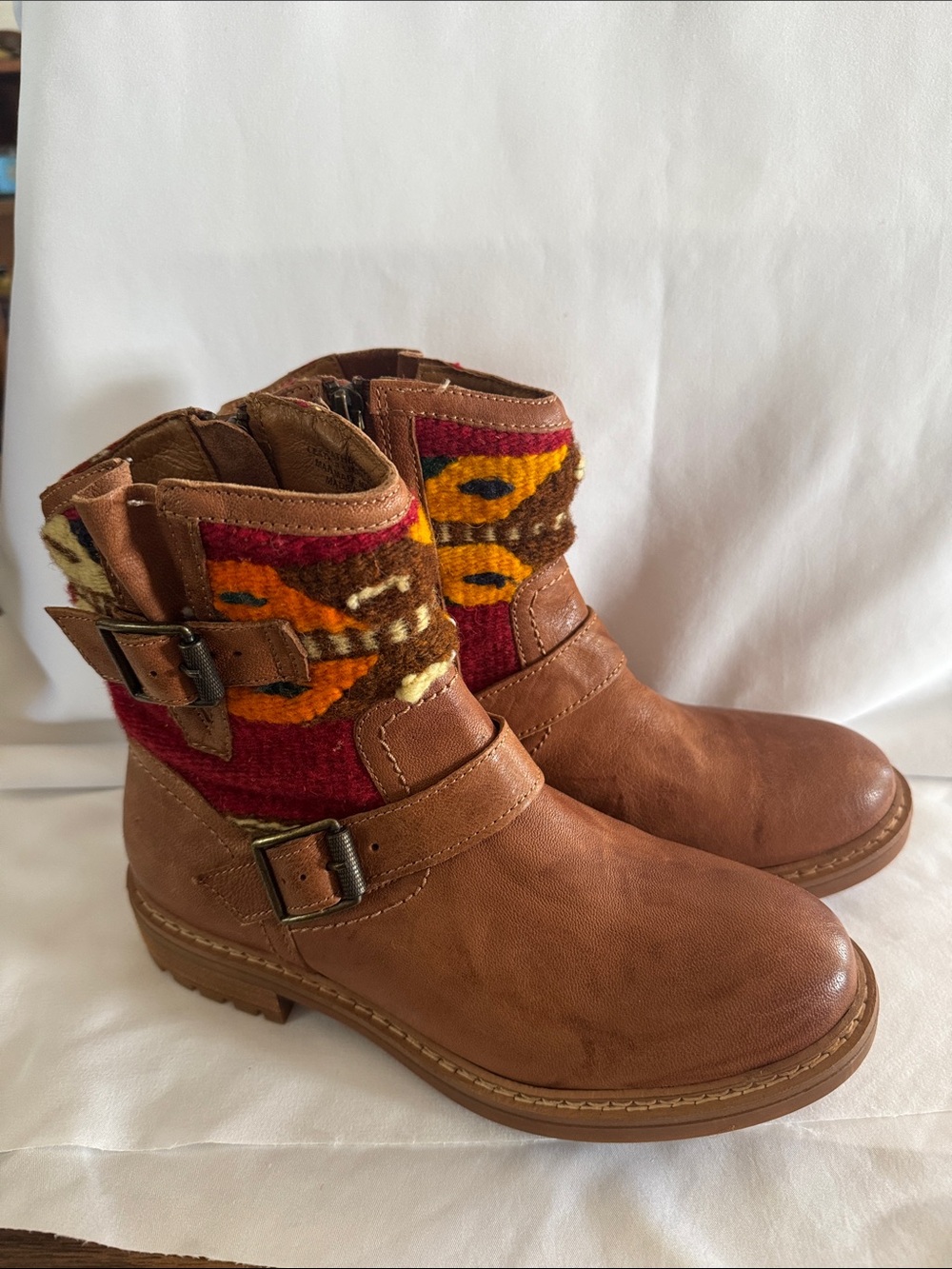 Sofft Brown Leather Ankle Boots with Red & Mustard Woven Cuff